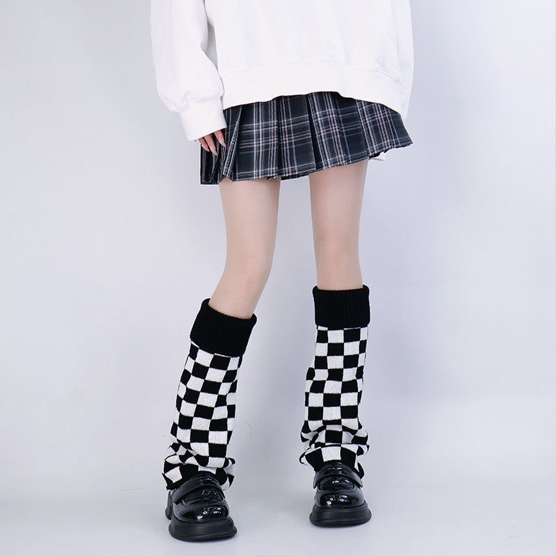 Boot Sock Slouchy - 黒白チェック柄レッグウォーマーニットだらしないソックス原宿ゴシックスタイルブーツカバー JK コスプレ用
