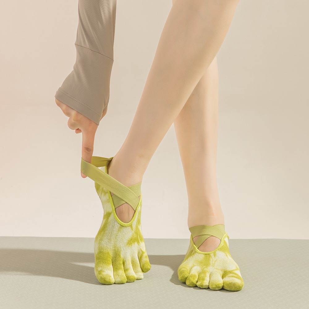 Grip Sock Yoga - タイダイ柄の女性用5本指グリップソックス、ヨガ、ピラティス、ワークアウト用、分割つま先の滑り止めコットンストラップソックス、バレスタジオ用