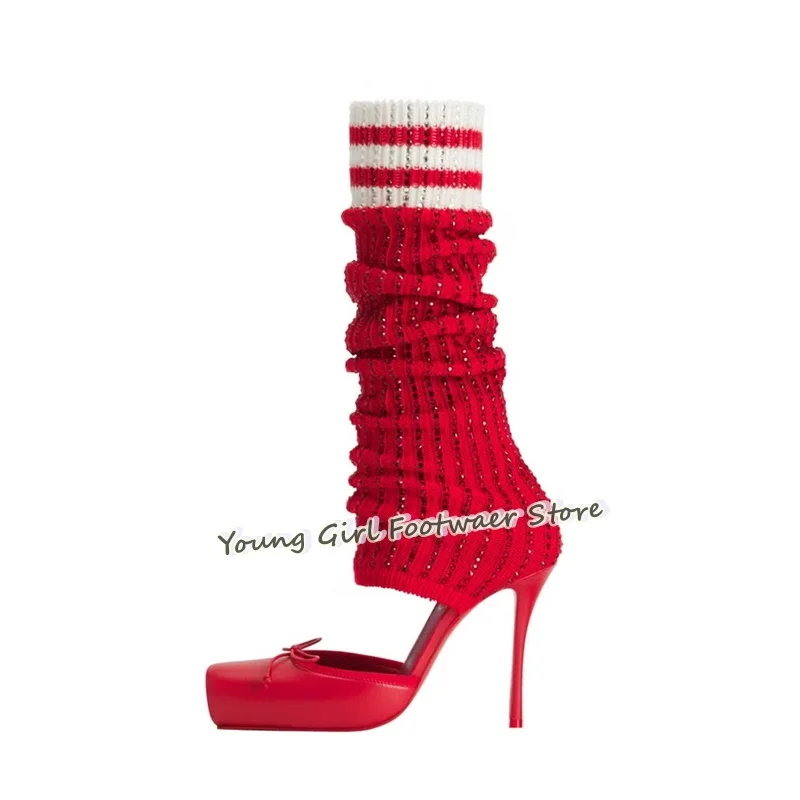 Knee High Sock Women - シューカットスティレットヒールレッドバレエソックブーツボウデコレーションサテン生地中空インステップブーツレディースラグジュアリーハイヒール
