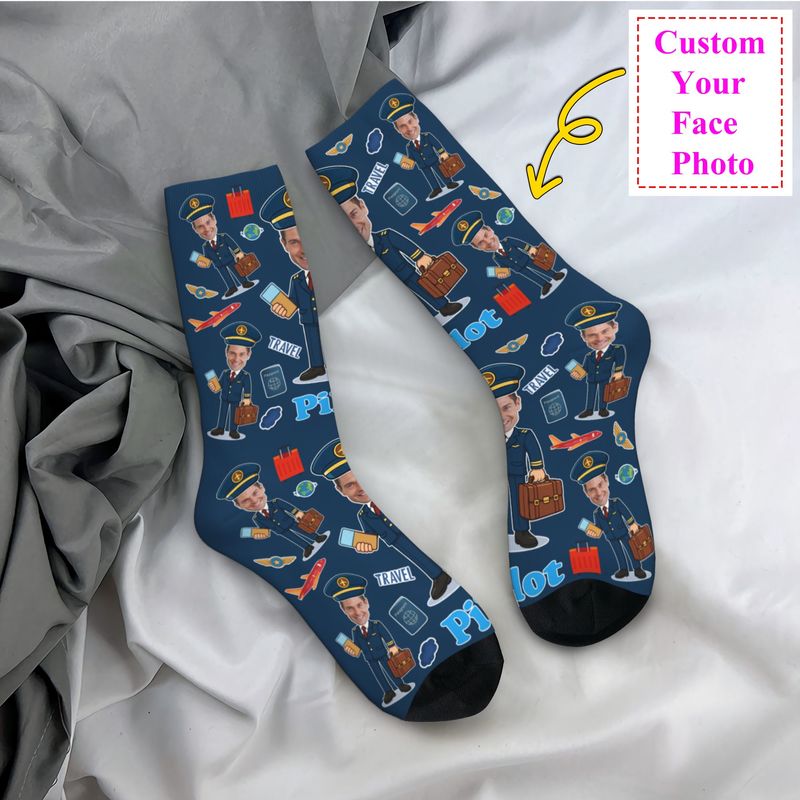 Dress Sock Men - ノベルティメンズ面白いパイロットカスタムドレスソックスユニセックス暖かい通気性のある3Dプリントパーソナライズされた顔写真デザインクルーソックス
