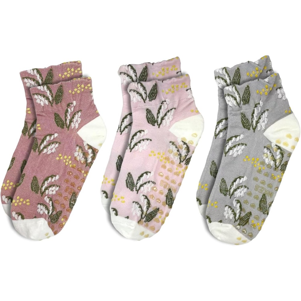 Grip Sock Yoga - 女性用花柄ジャカードヨガソックス – フィットネスや日常着用に最適な滑り止めグリップ付きクルーソックス3足セット