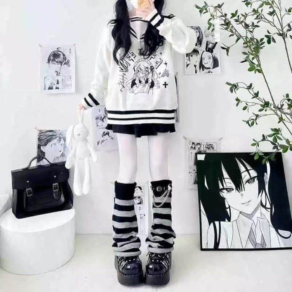 Boot Sock Slouchy - 日本のハラジュクスタイルのニットレッグウォーマー、ルーズなニットストライプブーツカフス、チェーン付きルーズスタックブーツソックス、ストリートウェアスタイル