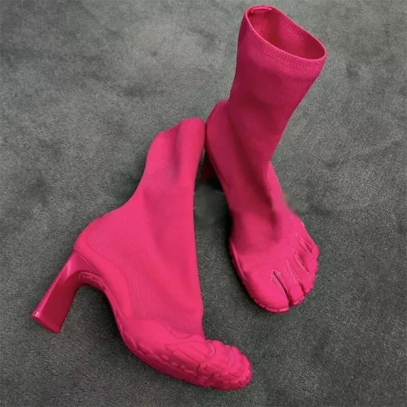 Toe Sock Split - 5本指ファッション小説女性用ブーツ黒/ピンク/白ハイヒールアンクルブーツ2026新作伸縮性メッシュ生地高級ソックスブーツ