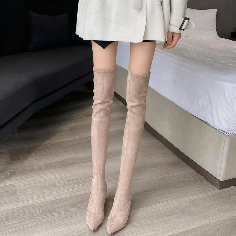 Knee High Sock Women - セクシーなレディースブーツ、ポインテッドトゥ、ニーハイブーツ、スクエアヒール、暖かいハイブーツ、伸縮性のあるソックシューズ、レディース用スエードバックジップパンプス