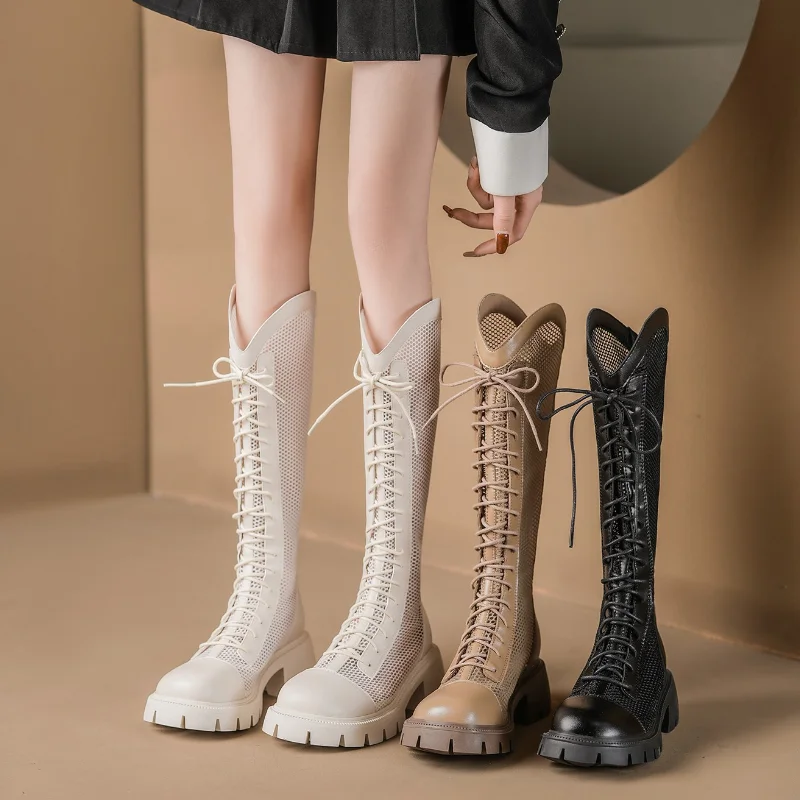 Knee High Sock Women - 女性用サマーニーハイメッシュハイブーツ、通気性のあるプラットフォームメッシュレースアップナイトブーツ、厚底中空ロングナイトブーツ