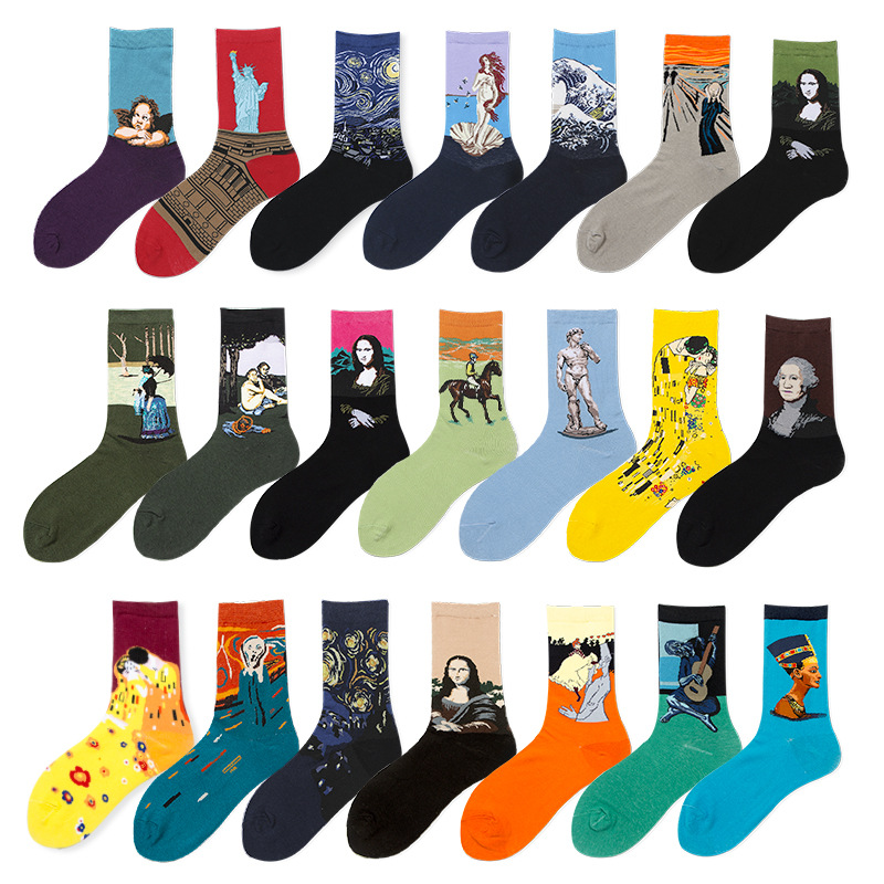 Cotton Crew Sock Pack - ヴァンゴッホの世界的に有名な油絵ソックス,綿,女性と男性用,7足セット