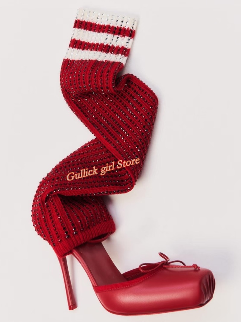 Knee High Sock Women - 赤いニット生地のスクエアトゥブーツ、カットアウトデザイン、スティレットヒール、薄型ハイヒール、伸縮性のある生地、ランウェイ2026夏、女性用ブーツ、ハンドメイド、売れ筋シューズ
