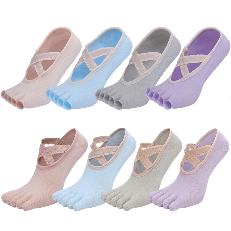 Grip Sock Yoga - 5本指のヨガソックス,レース,クロスストラップ,滑り止め,バレエ,コットン,ヒール