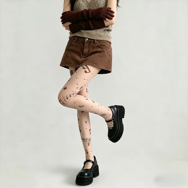 Y2K 音符プリント薄手のパンストレトロ音楽パターン弾性タイ - Tights Pantyhose Sheer のレビューと価格