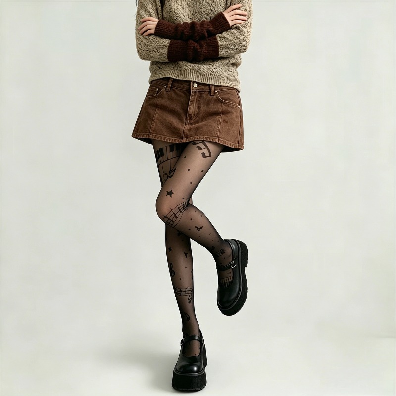 Y2K 音符プリント薄手のパンストレトロ音楽パターン弾性タイ - Tights Pantyhose Sheer のレビューと価格