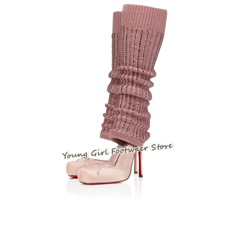 シューカットスティレットヒールレッドバレエソックブーツボウデ - Knee High Sock Women のレビューと価格