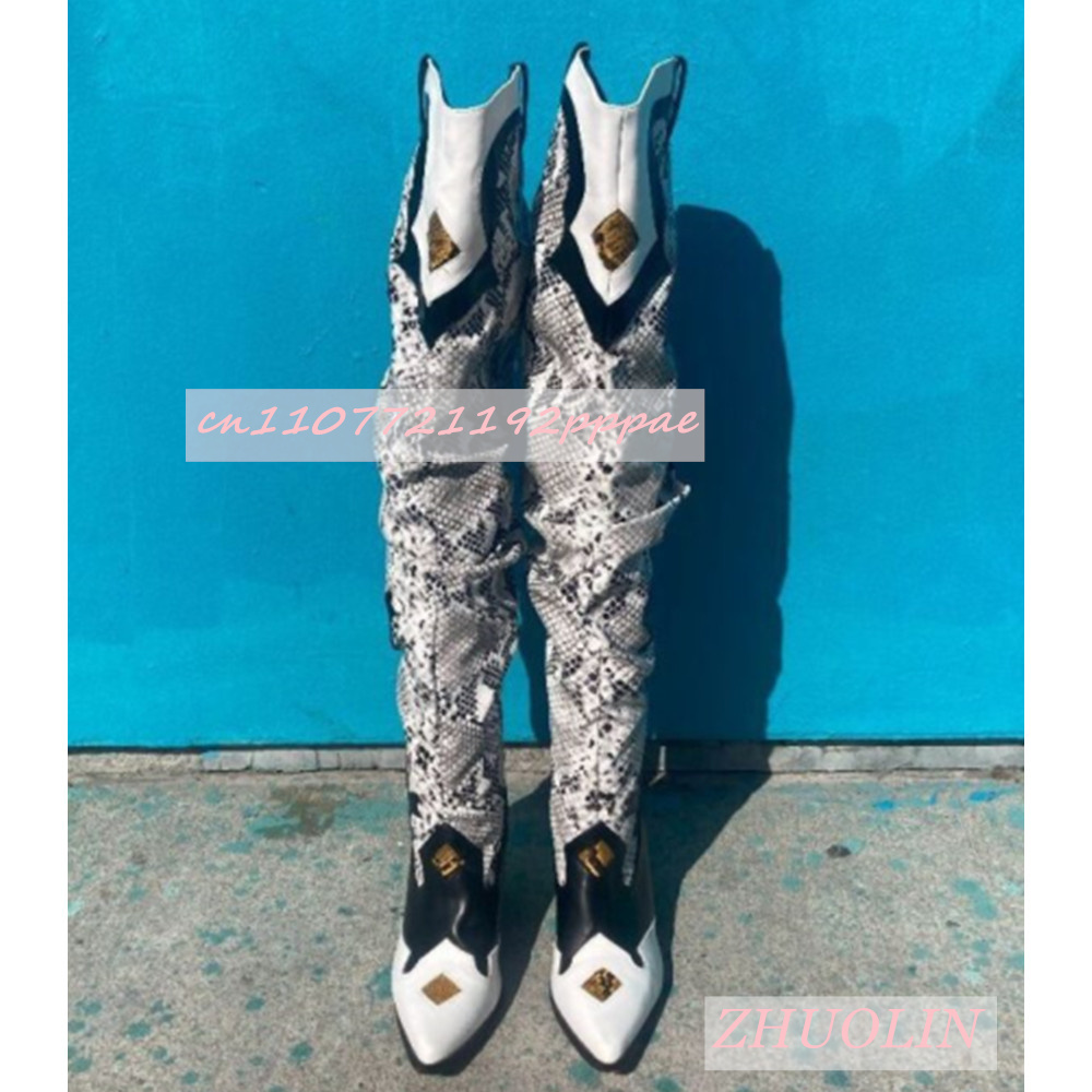 冬刺繍入りスネーク柄オーバーザニーブーツポインテッドトゥ太い - Knee High Sock Women のレビューと価格