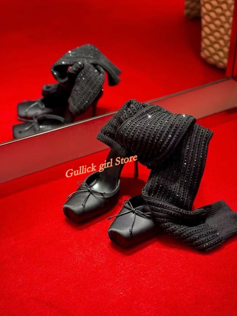 赤いニット生地のスクエアトゥブーツ、カットアウトデザイン、ス - Knee High Sock Women のレビューと価格