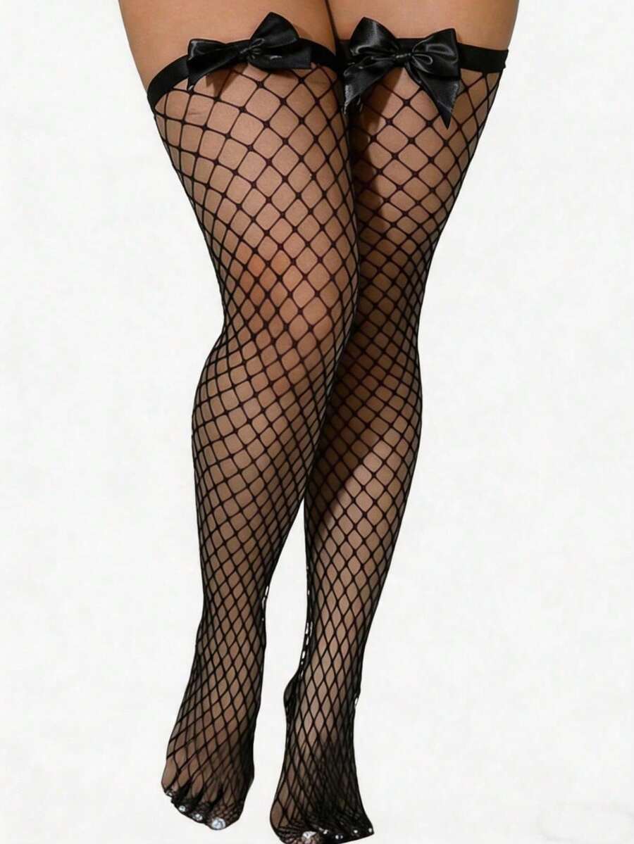ボウデコレーションフィッシュネット太もも丈ストッキング、伸縮 - Fishnet Stocking Women のレビューと価格